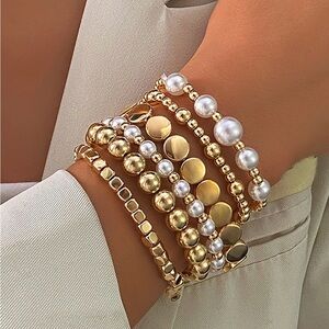 Gold & Pearl Layered Bracelet Set - Women's Jewelry